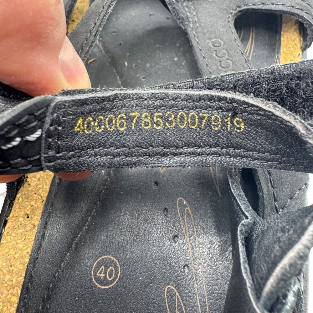 Ecco Black Leather Sandals Womens EU 40/US 9-9.5 Cork Hook Loop Outdoor Comfort - Picture 8 of 15